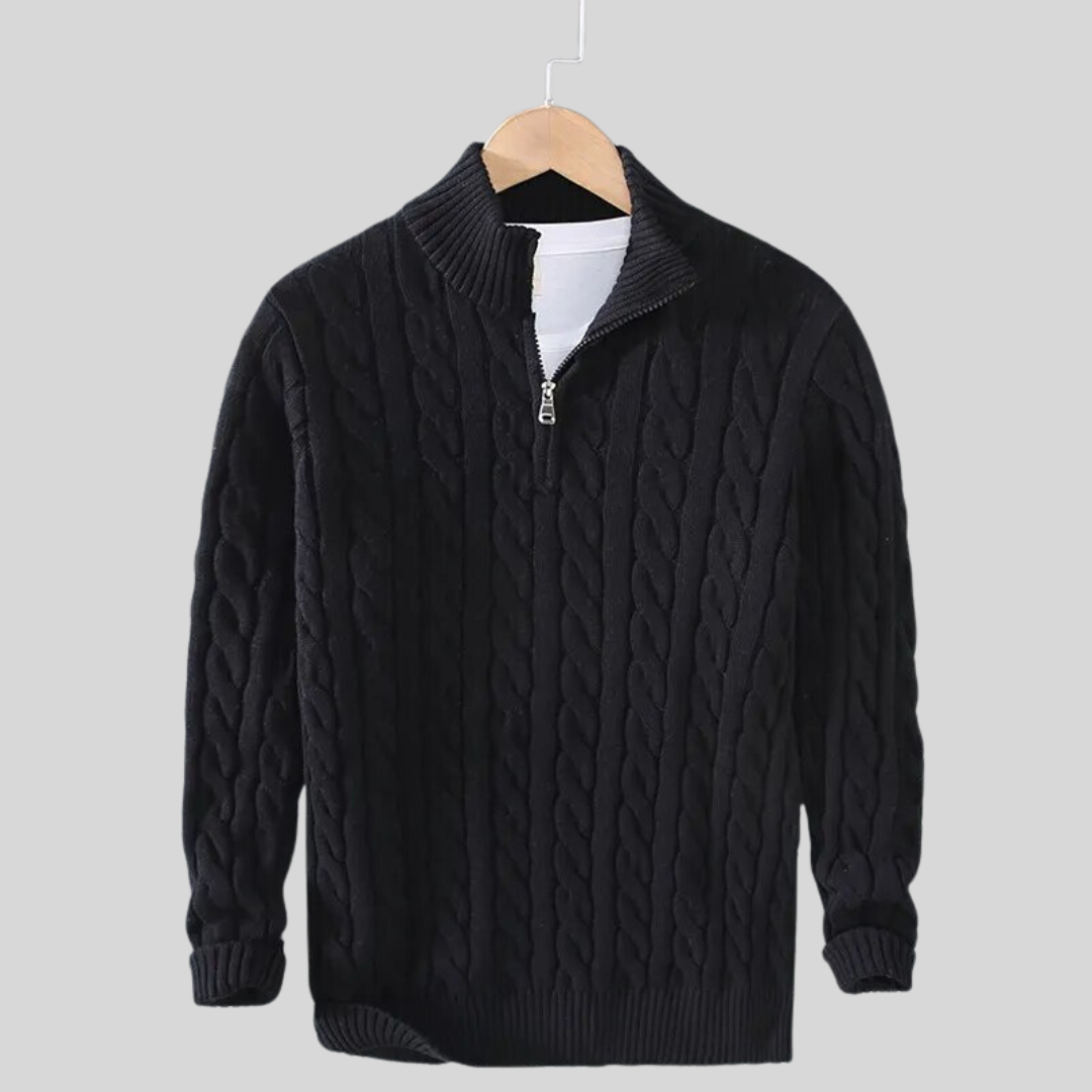 Pullover mit Viertelreißverschluss – Zopfmuster – Strickware – Polo-Pullover – Herren-Pullover mit halbem Reißverschluss-Schwarz-S-Chaps Herrenmode
