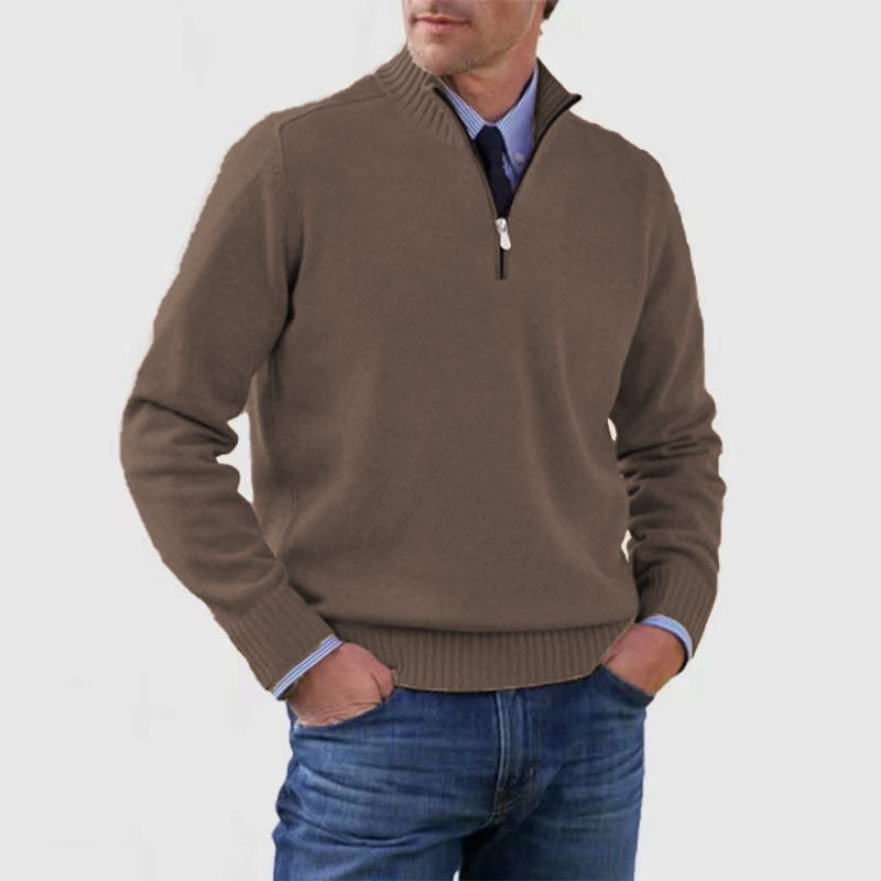 Pullover mit halbem Reißverschluss | Gestrickt | Lockere Passform | Pullover mit Viertelreißverschluss | Herrenpullover-Braun-M-Chaps Herrenmode