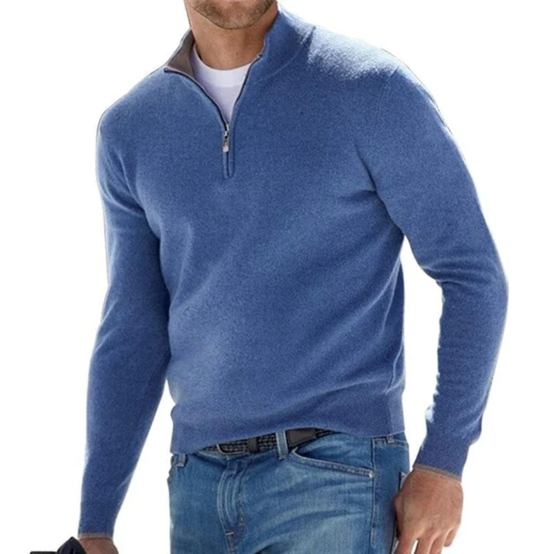 Pullover mit halbem Reißverschluss – Langarm – Pullover – Strickpullover – Herren-Sweatshirt mit kurzem Reißverschluss-Blau-S-Chaps Herrenmode