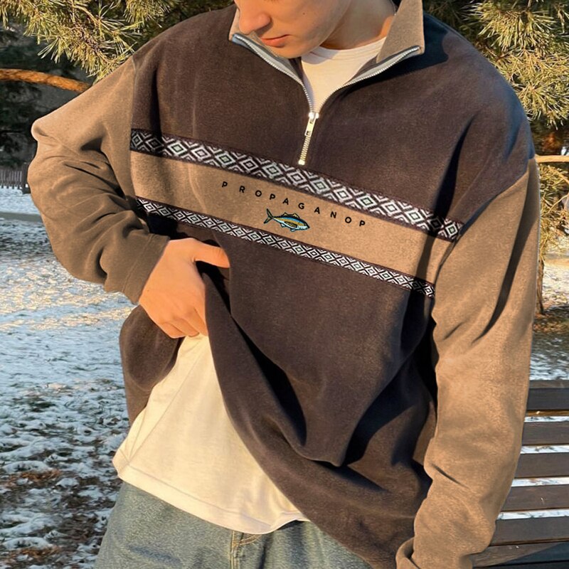 Pullover mit halbem Reißverschluss – Lässig – Oversized – Sweatshirt – Herren-Pullover mit Viertelreißverschluss-Khaki-S-Chaps Herrenmode