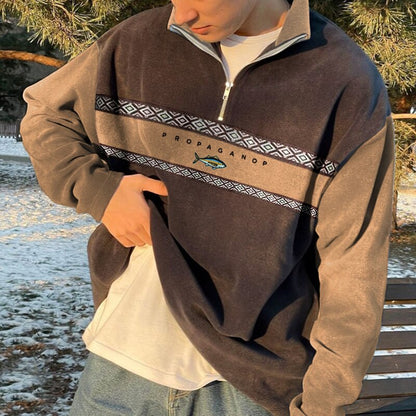 Pullover mit halbem Reißverschluss – Lässig – Oversized – Sweatshirt – Herren-Pullover mit Viertelreißverschluss-Khaki-S-Chaps Herrenmode