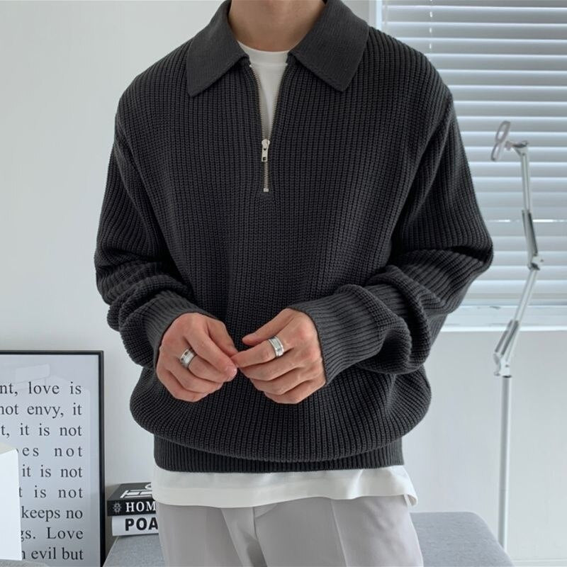 Pullover mit halbem Reißverschluss | Rippenstrick | Halsband | Strickpullover | Herrenpullover mit viertel Reißverschluss-Schwarz-M-Chaps Herrenmode