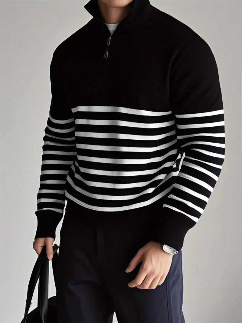 Quarter-Zip Pullover - Gestreift - Gestrickt - Polo Pullover - Herren Half-Zip Pullover-Schwarz-M-Chaps Herrenmode