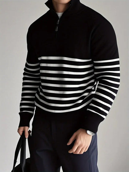 Quarter-Zip Pullover - Gestreift - Gestrickt - Polo Pullover - Herren Half-Zip Pullover-Schwarz-M-Chaps Herrenmode