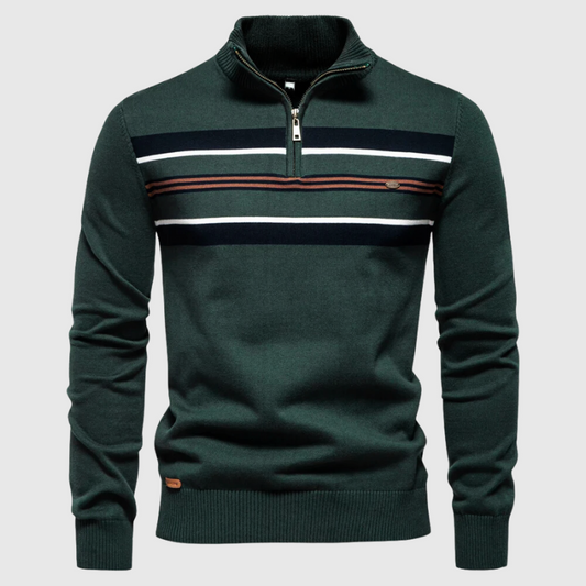 Quarter-Zip-Pullover – Gestreift – Gestrickt – Polo-Pullover – Herren-Pullover mit halbem Reißverschluss-Grün-S-Chaps Herrenmode