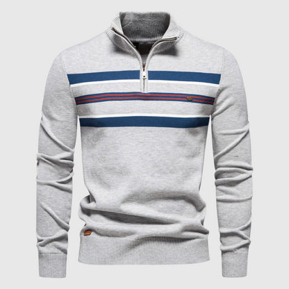 Quarter-Zip-Pullover – Gestreift – Gestrickt – Polo-Pullover – Herren-Pullover mit halbem Reißverschluss-Hellgrau-S-Chaps Herrenmode