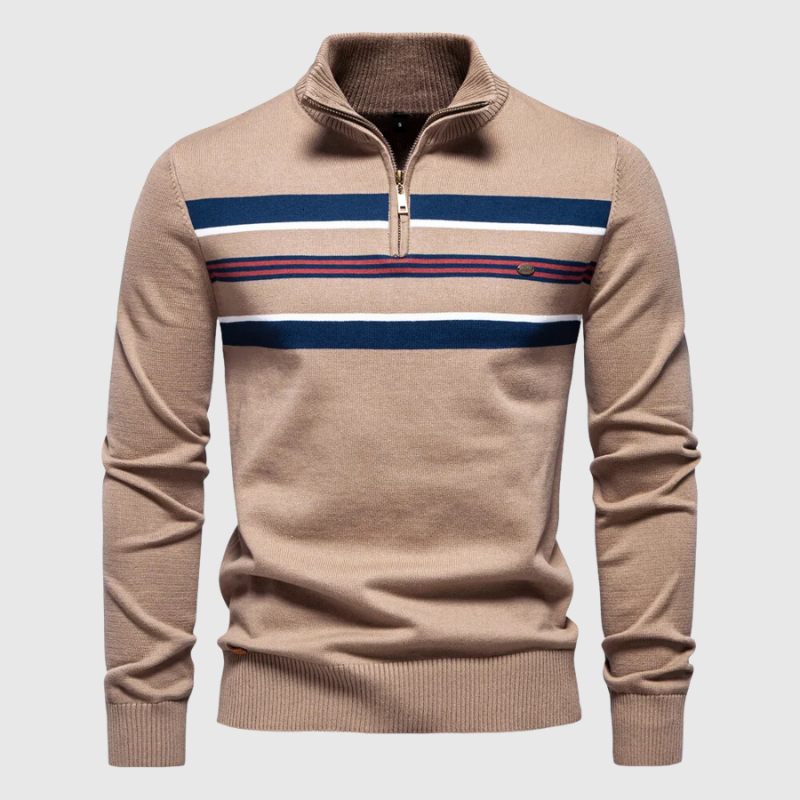 Quarter-Zip-Pullover – Gestreift – Gestrickt – Polo-Pullover – Herren-Pullover mit halbem Reißverschluss-Khaki-XL-Chaps Herrenmode