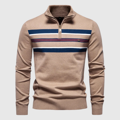 Quarter-Zip-Pullover – Gestreift – Gestrickt – Polo-Pullover – Herren-Pullover mit halbem Reißverschluss-Khaki-XL-Chaps Herrenmode