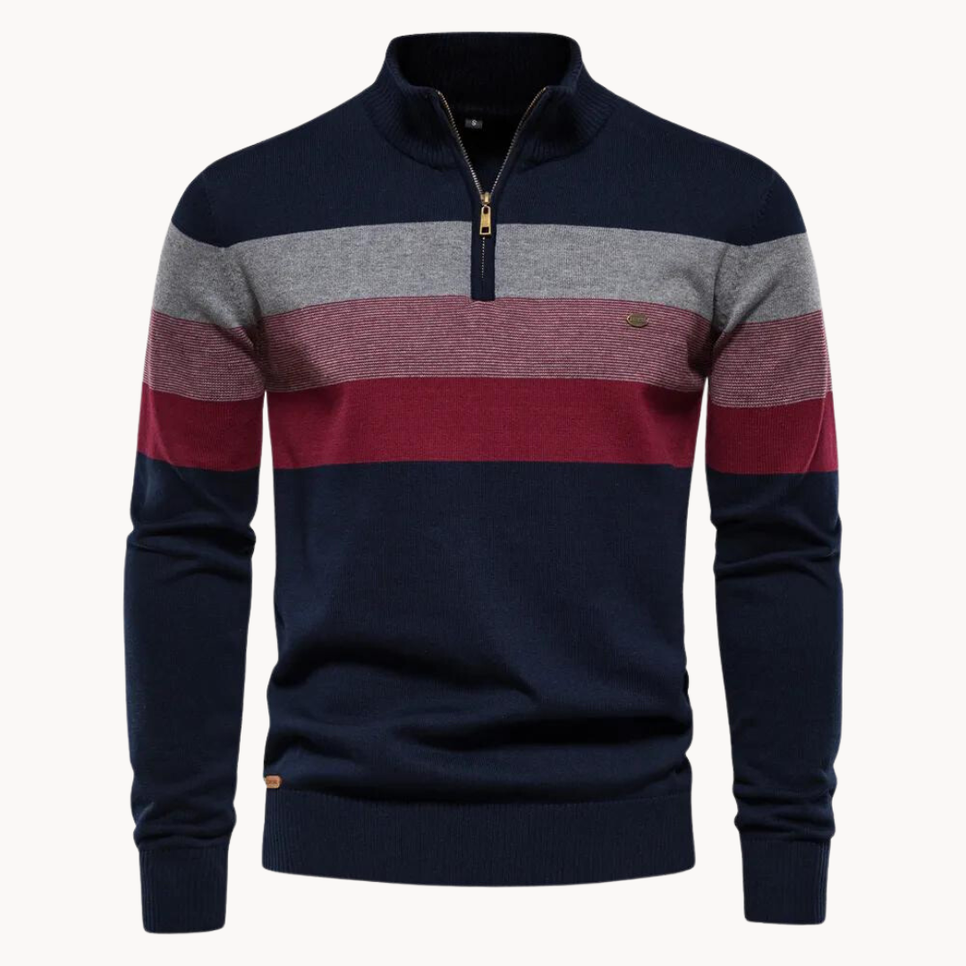 Quarter Zip Pullover - Gestreifter Strickpullover mit Viertel-Reißverschluss für Männer-Blau-M-Chaps Herrenmode