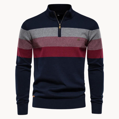Quarter Zip Pullover - Gestreifter Strickpullover mit Viertel-Reißverschluss für Männer-Blau-M-Chaps Herrenmode