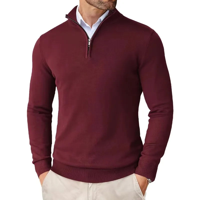 Quarter-Zip-Pullover – Strickpullover mit halbem Reißverschluss für Herren-Weinrot-S-Chaps Herrenmode