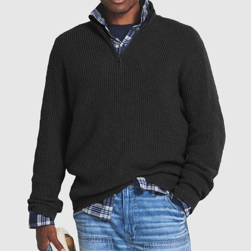 Quater Zip Jumper | Warm | Pullover | Herren-Pullover mit halbem Reißverschluss | Herren-Strickwaren-Schwarz-S-Chaps Herrenmode