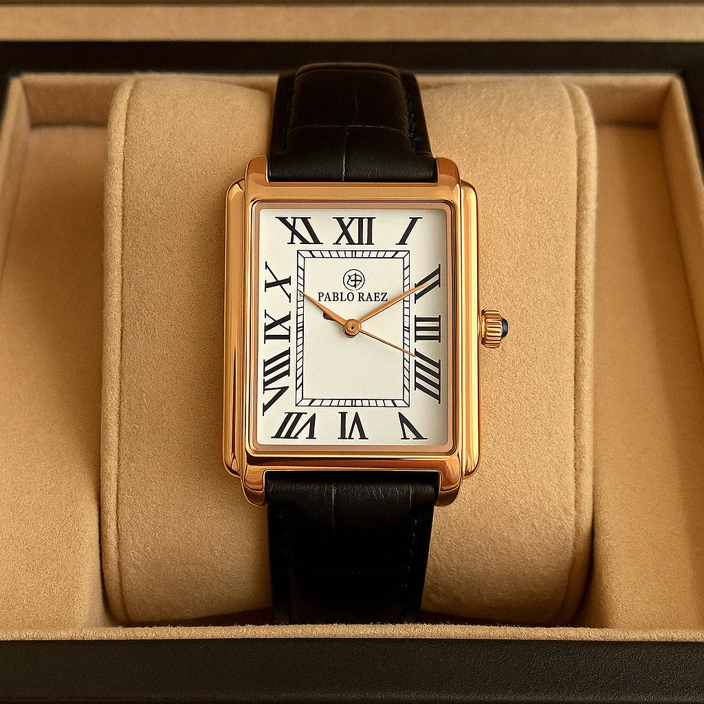 Rechteckige Uhr – Analoguhr für Männer mit Lederarmband-Gold Schwarz-Chaps Herrenmode