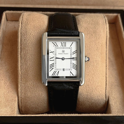 Rechteckige Uhr – Analoguhr für Männer mit Lederarmband-Silber Schwarz-Chaps Herrenmode