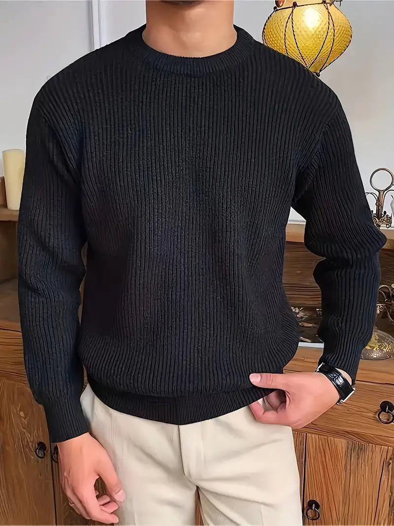 Rippstrickpullover – Locker sitzender Rundhalspullover für Männer-Schwarz-S-Chaps Herrenmode