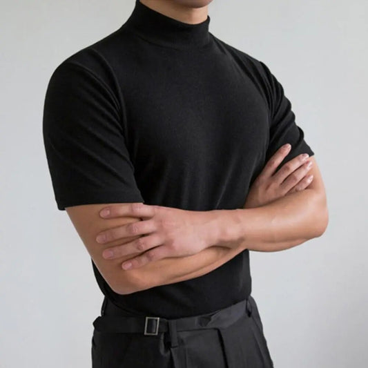 Rollkragen-T-Shirt - Hoher Ausschnitt - Einfarbig - Sweater T-Shirt - Herrenbekleidung-Schwarz-M-Chaps Herrenmode