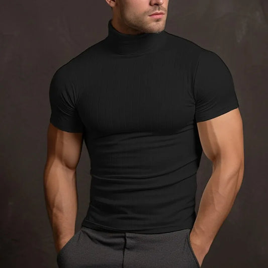 Rollkragen-T-Shirt – Hoher Kragen – Schmaler Schnitt – Herren-T-Shirt – Herrenbekleidung-Schwarz-S-Chaps Herrenmode
