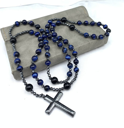 Rosenkranz Kette Herren | Kreuz | Tigerauge und Lapislazuli-Chaps Herrenmode