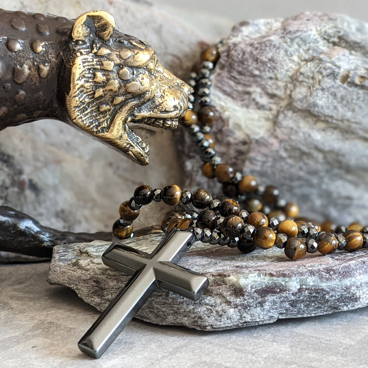 Rosenkranz Kette Herren | Kreuz | Tigerauge und Lapislazuli-Tigerauge-Chaps Herrenmode