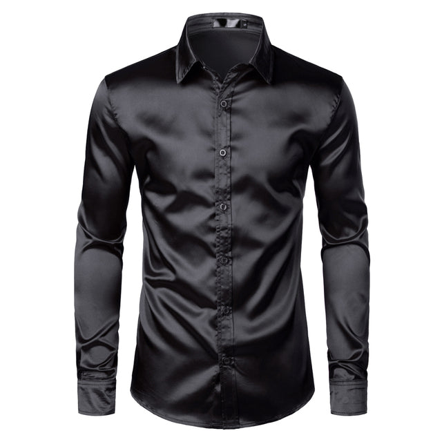 Satinhemd – Bügelfreies Herrenhemd mit Knöpfen-Schwarz-S-Chaps Herrenmode