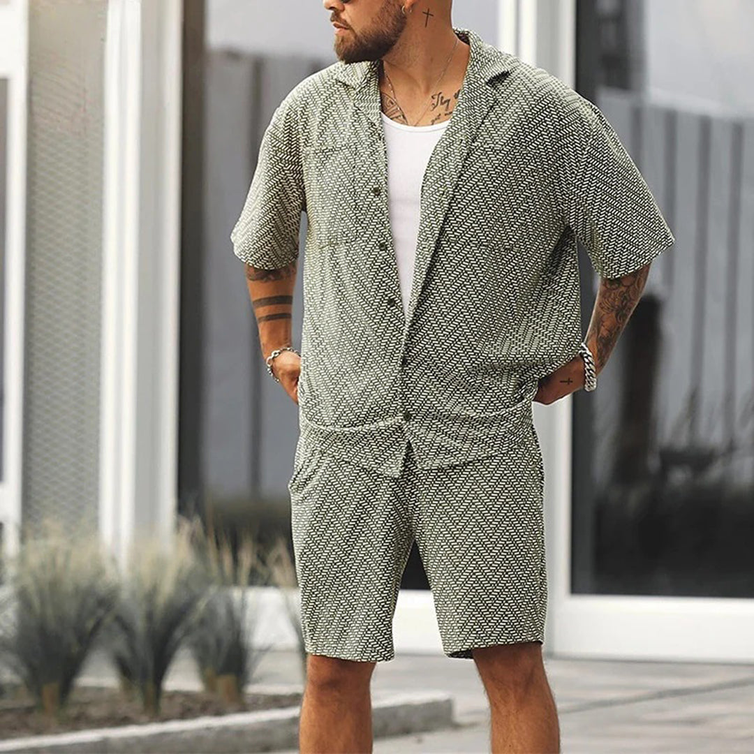 Shorts und Hemd im Set | Knopfleiste | Kurze Ärmel | Zweiteiliges Set | Sommerkleidung für Männer-Grau-grün-S-Chaps Herrenmode
