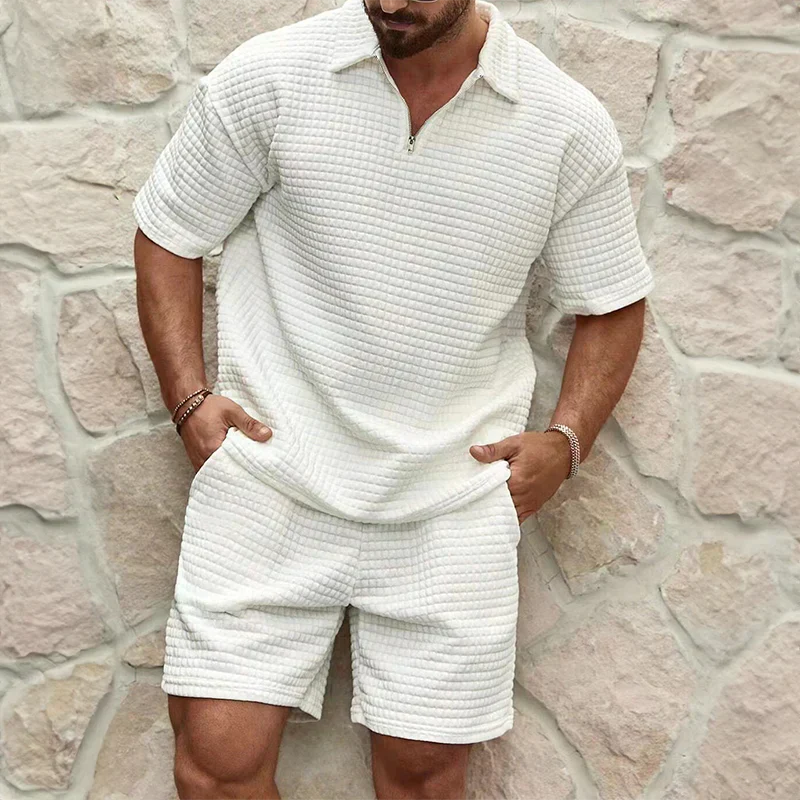 Shorts und Shirt Set - Herren Kurzarm-Polo Zweiteiliges Set für den Sommer-Weiß-S-Chaps Herrenmode
