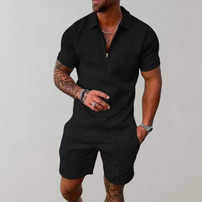 Shorts und Shirt Set | Kurzarm | Poloshirt | Zweiteiliges Set | Sommerkleidung für Männer-Schwarz-S-Chaps Herrenmode