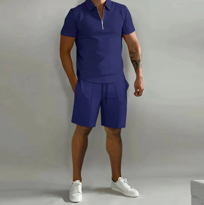 Shorts und Shirt Set | Quarter Zip | Kurzarm | Zweiteiliges Set | Herren Sommerkleidung-Marineblau-S-Chaps Herrenmode