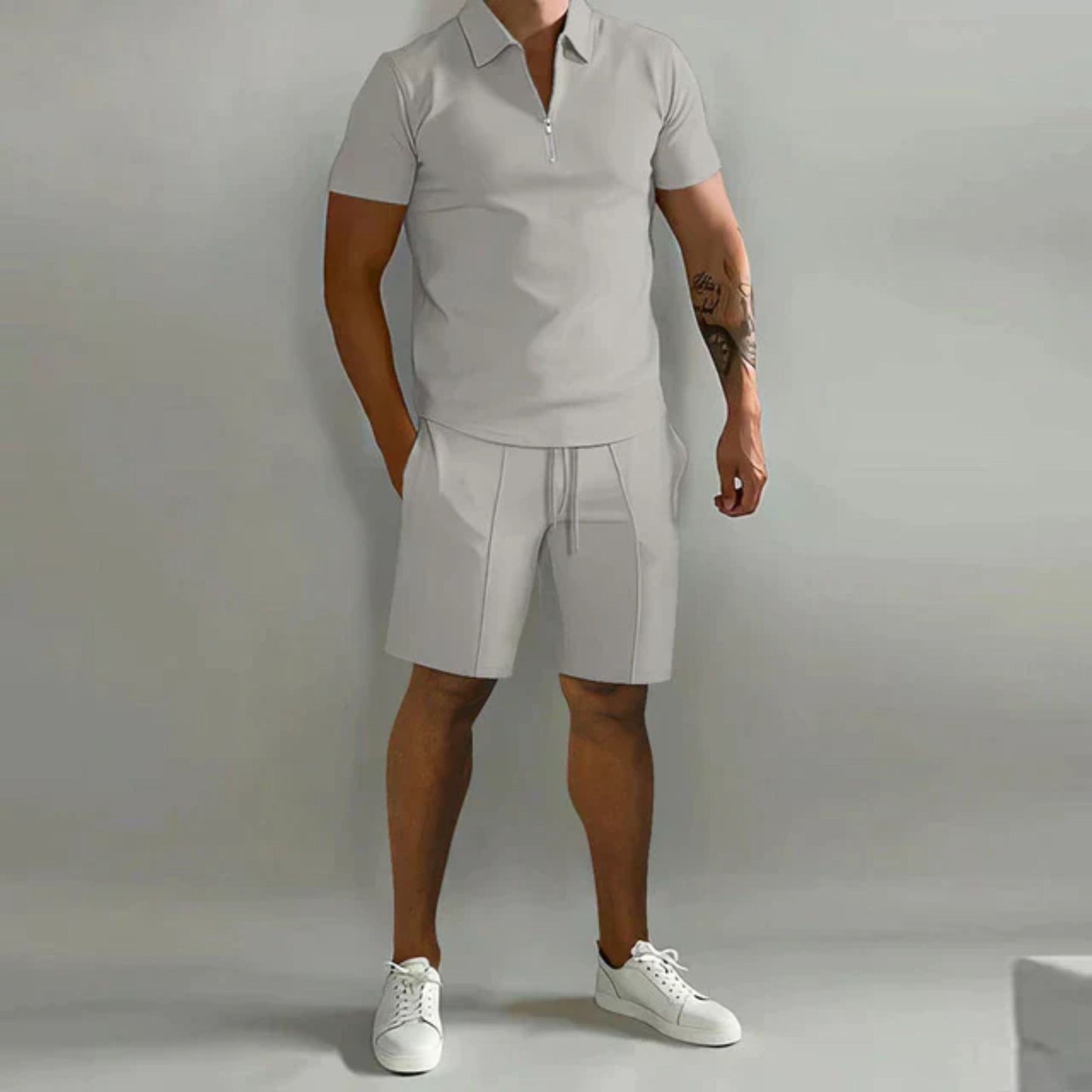 Shorts und T-Shirt Set | Quarter Zip | Polo Shirt | Zweiteiliges Set | Sommerkleidung für Männer-Grau-S-Chaps Herrenmode