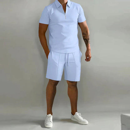 Shorts und T-Shirt Set | Quarter Zip | Polo Shirt | Zweiteiliges Set | Sommerkleidung für Männer-Hellblau-S-Chaps Herrenmode