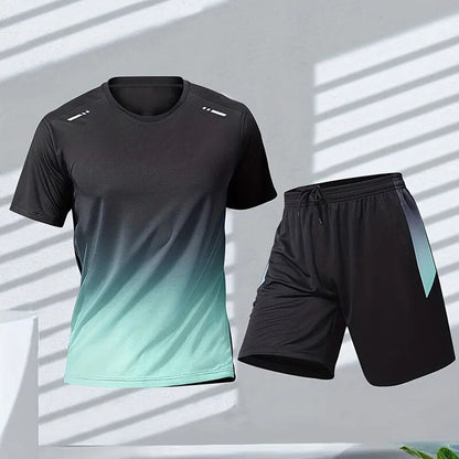 Shorts und T-Shirt Set - Schnell trocknend - Workout - Activewear Set - Sportbekleidung für Männer-Blau Grün-S-Chaps Herrenmode
