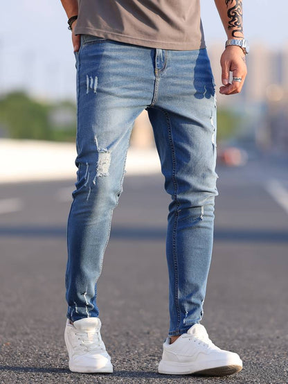 Skinny Jeans – Blau – Schmaler Schnitt – Zerrissene Jeans – Herrenjeans-Tiefes Himmelblau-XS-Chaps Herrenmode
