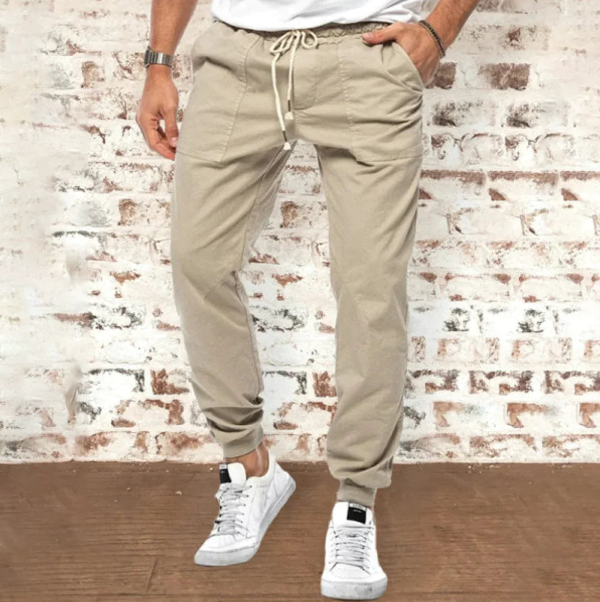 Slim Fit Jogger - Herren Casual Drawstring Elastische Knöchelhosen-Beige-XS-Chaps Herrenmode