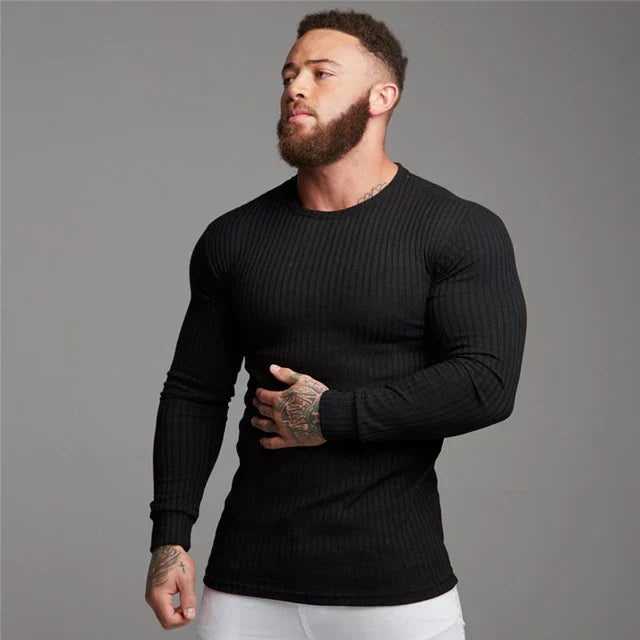 Slim Fit Pullover | Gerippt | Langarm | Strickpullover | Herrenbekleidung-Schwarz-M-Chaps Herrenmode