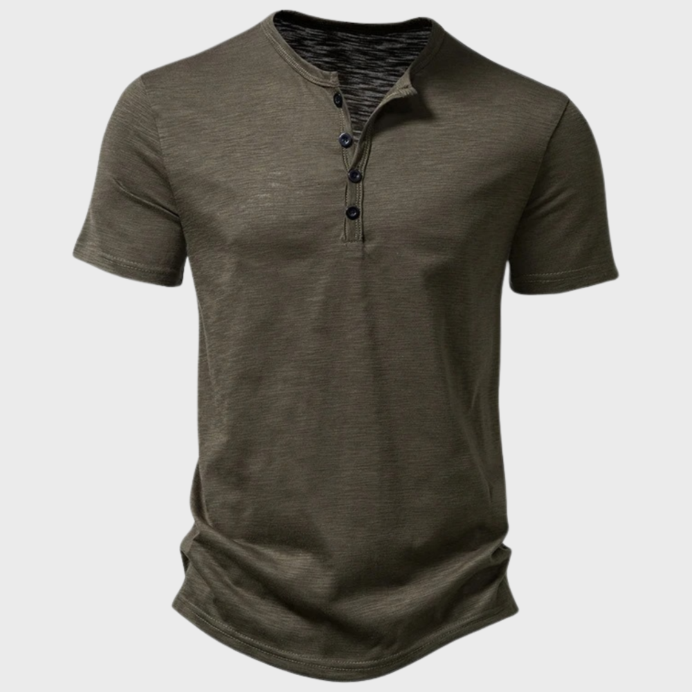 Sommer-T-Shirt | Leicht | Knopfausschnitt | Einfarbiges T-Shirt | Herren-T-Shirt-Armeegrün-S-Chaps Herrenmode