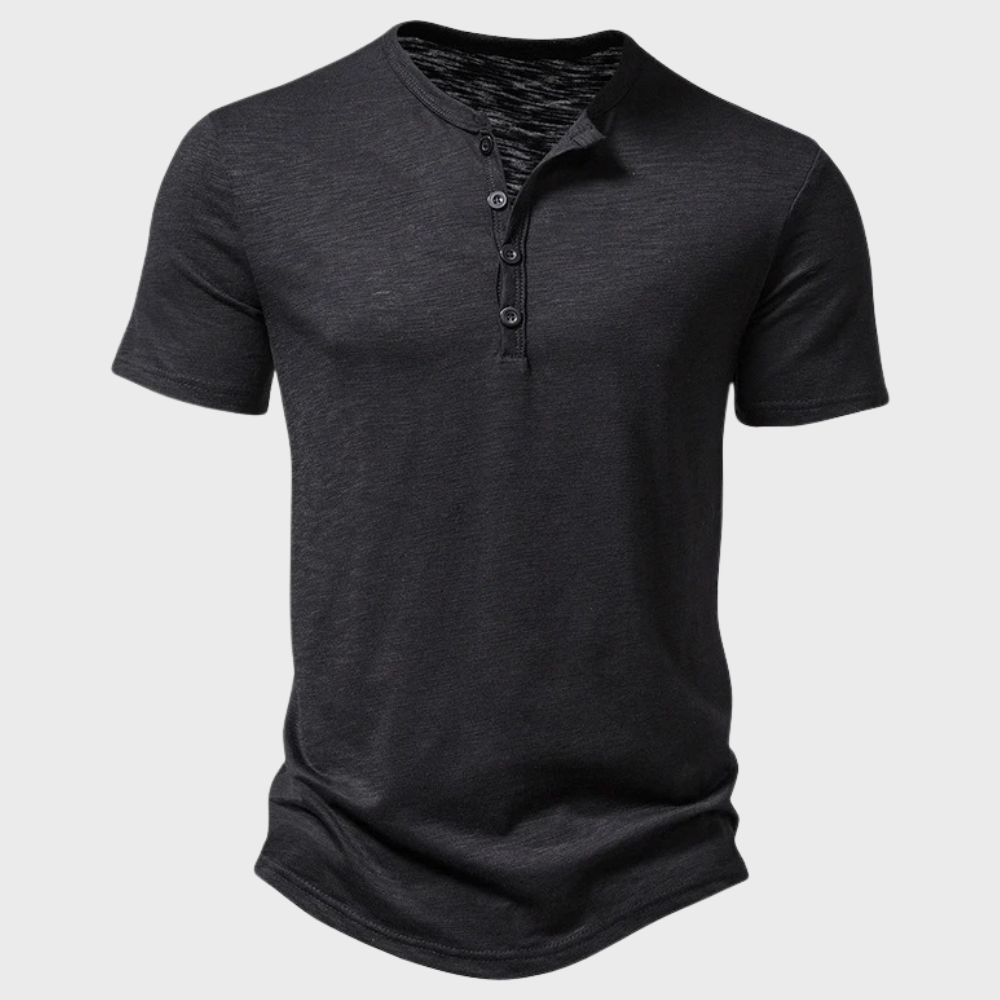 Sommer-T-Shirt | Leicht | Knopfausschnitt | Einfarbiges T-Shirt | Herren-T-Shirt-Schwarz-S-Chaps Herrenmode