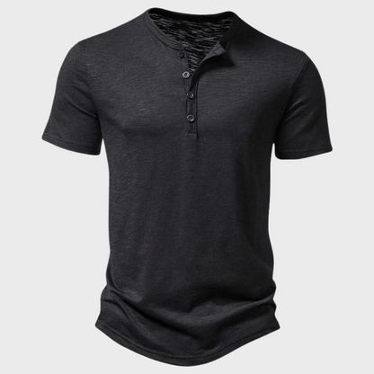 Sommer-T-Shirt | Leicht | Knopfausschnitt | Einfarbiges T-Shirt | Herren-T-Shirt-Schwarz-S-Chaps Herrenmode