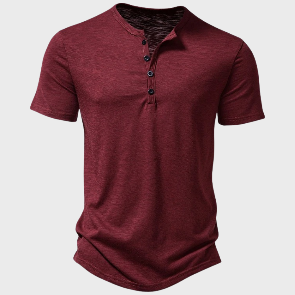 Sommer-T-Shirt | Leicht | Knopfausschnitt | Einfarbiges T-Shirt | Herren-T-Shirt-Weinrot-S-Chaps Herrenmode