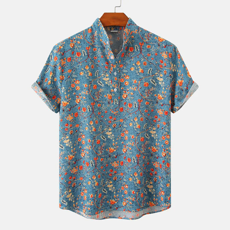 Sommerhemd | Bedruckt | Halbknopfleiste | Kurzarmhemd | Herrenhemden-Blau-S-Chaps Herrenmode