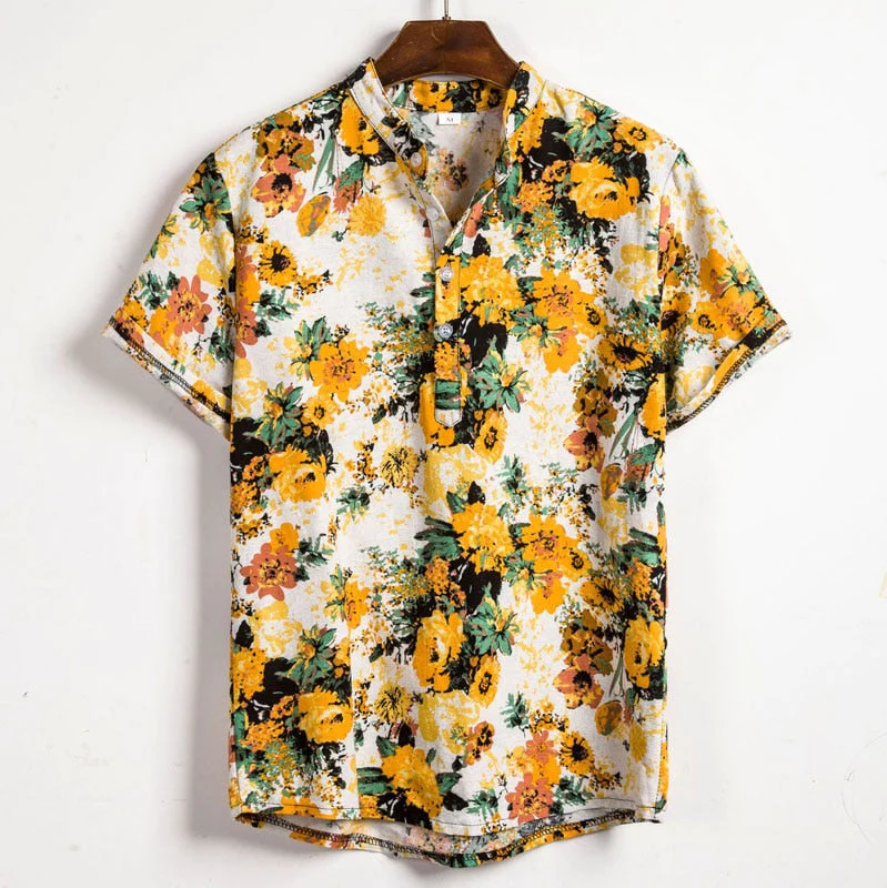 Sommerhemd | Bedruckt | Halbknopfleiste | Kurzarmhemd | Herrenhemden-Gelb-S-Chaps Herrenmode