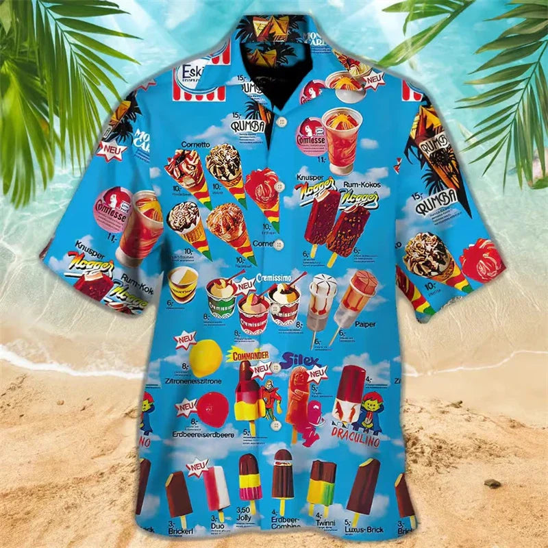 Sommerhemd | Eiscreme Print | Button-Up | Hawaiihemd | Herren Kurzarmhemden-Blau-S-Chaps Herrenmode
