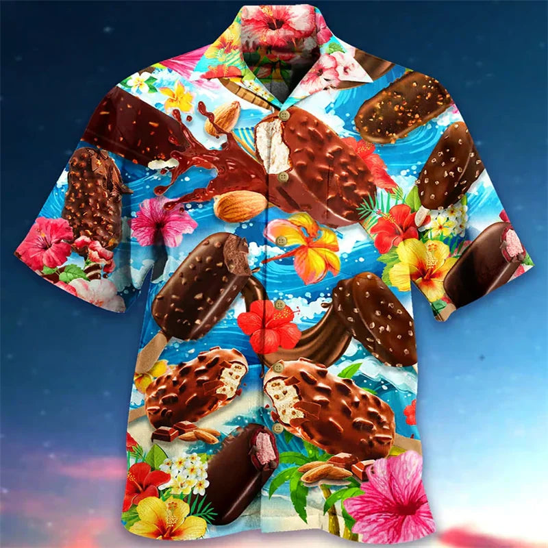 Sommerhemd | Eiscreme Print | Button-Up | Hawaiihemd | Herren Kurzarmhemden-Braun-S-Chaps Herrenmode
