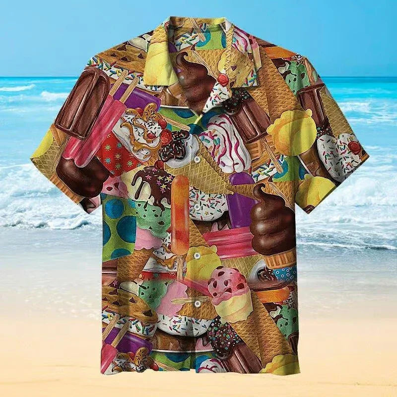 Sommerhemd | Eiscreme Print | Button-Up | Hawaiihemd | Herren Kurzarmhemden-Gelb-S-Chaps Herrenmode