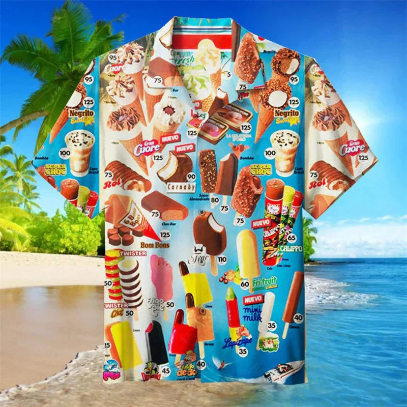 Sommerhemd | Eiscreme Print | Button-Up | Hawaiihemd | Herren Kurzarmhemden-Weiß-S-Chaps Herrenmode