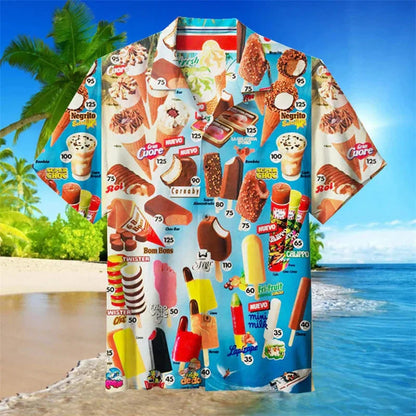 Sommerhemd | Eiscreme Print | Button-Up | Hawaiihemd | Herren Kurzarmhemden-Weiß-S-Chaps Herrenmode