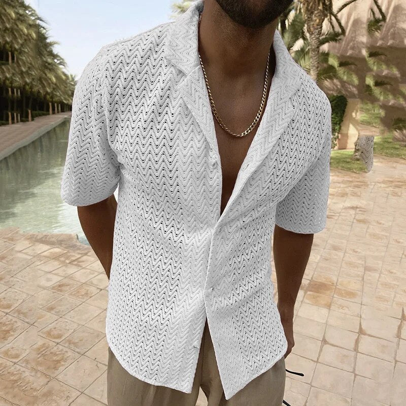 Sommerhemd | V-Ausschnitt | Knopfleiste | Kurzarmhemd | Herrenhemd-Weiß-M-Chaps Herrenmode