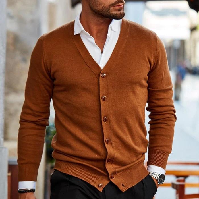 Strickjacke | Button-Up | V-Ausschnitt | Stylische Strickjacken für Männer | Herrenbekleidung-Dunkelbraun-S-Chaps Herrenmode
