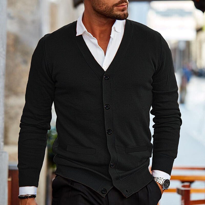 Strickjacke | Button-Up | V-Ausschnitt | Stylische Strickjacken für Männer | Herrenbekleidung-Schwarz-S-Chaps Herrenmode