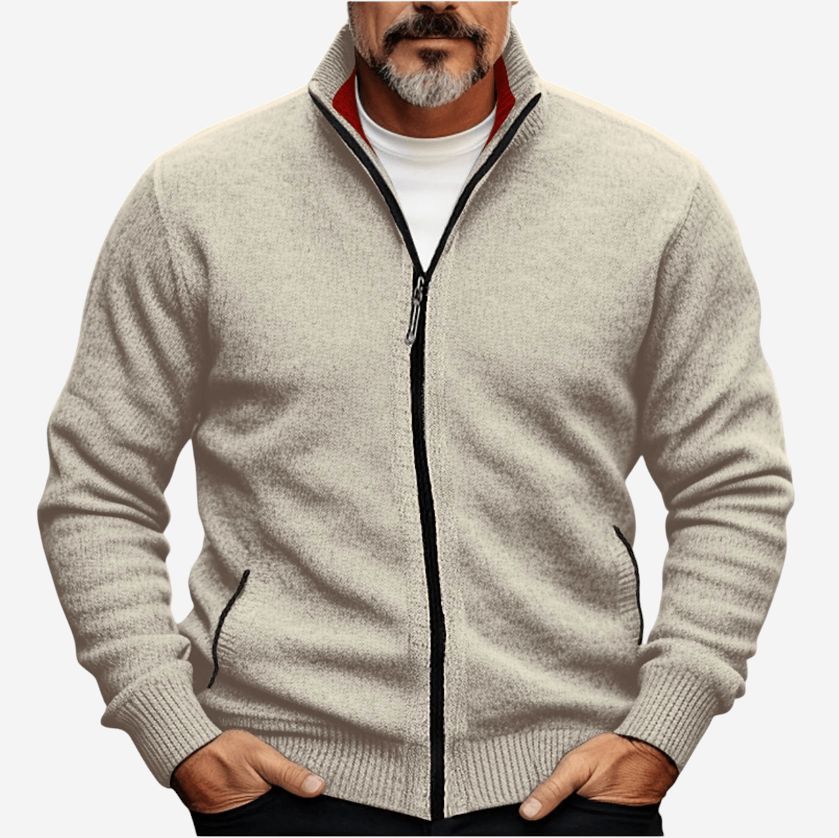 Strickjacke – Durchgehender Reißverschluss – Taschen – Strickjacke mit Reißverschluss – Herren-Strickmode-Beige-S-Chaps Herrenmode