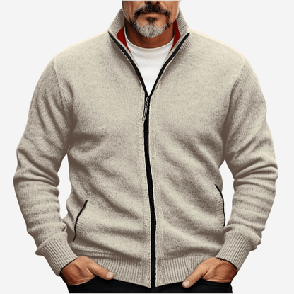 Strickjacke – Durchgehender Reißverschluss – Taschen – Strickjacke mit Reißverschluss – Herren-Strickmode-Beige-S-Chaps Herrenmode